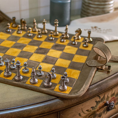 Premium Handcrafted Khaki Brown Suede Roll-Up Chess Set with Metal Chessmen