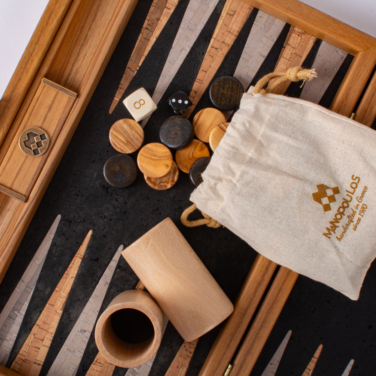 Premium Handcrafted Black Natural Cork Backgammon Set with Oak Wood Checkers