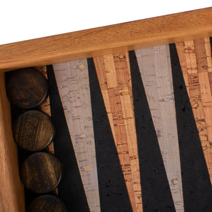 Premium Handcrafted Black Natural Cork Backgammon Set with Oak Wood Checkers