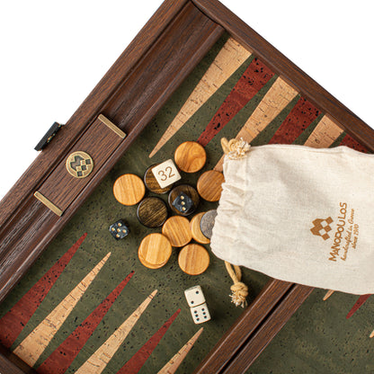 Premium Handcrafted Green Natural Cork Backgammon Set with Oak Wood Checkers
