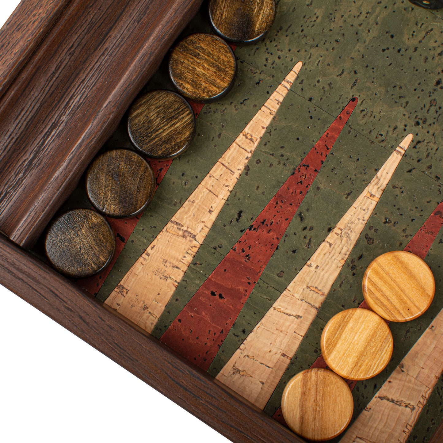 Premium Handcrafted Green Natural Cork Backgammon Set with Oak Wood Checkers