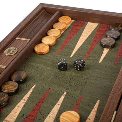 Premium Handcrafted Green Natural Cork Backgammon Set with Oak Wood Checkers