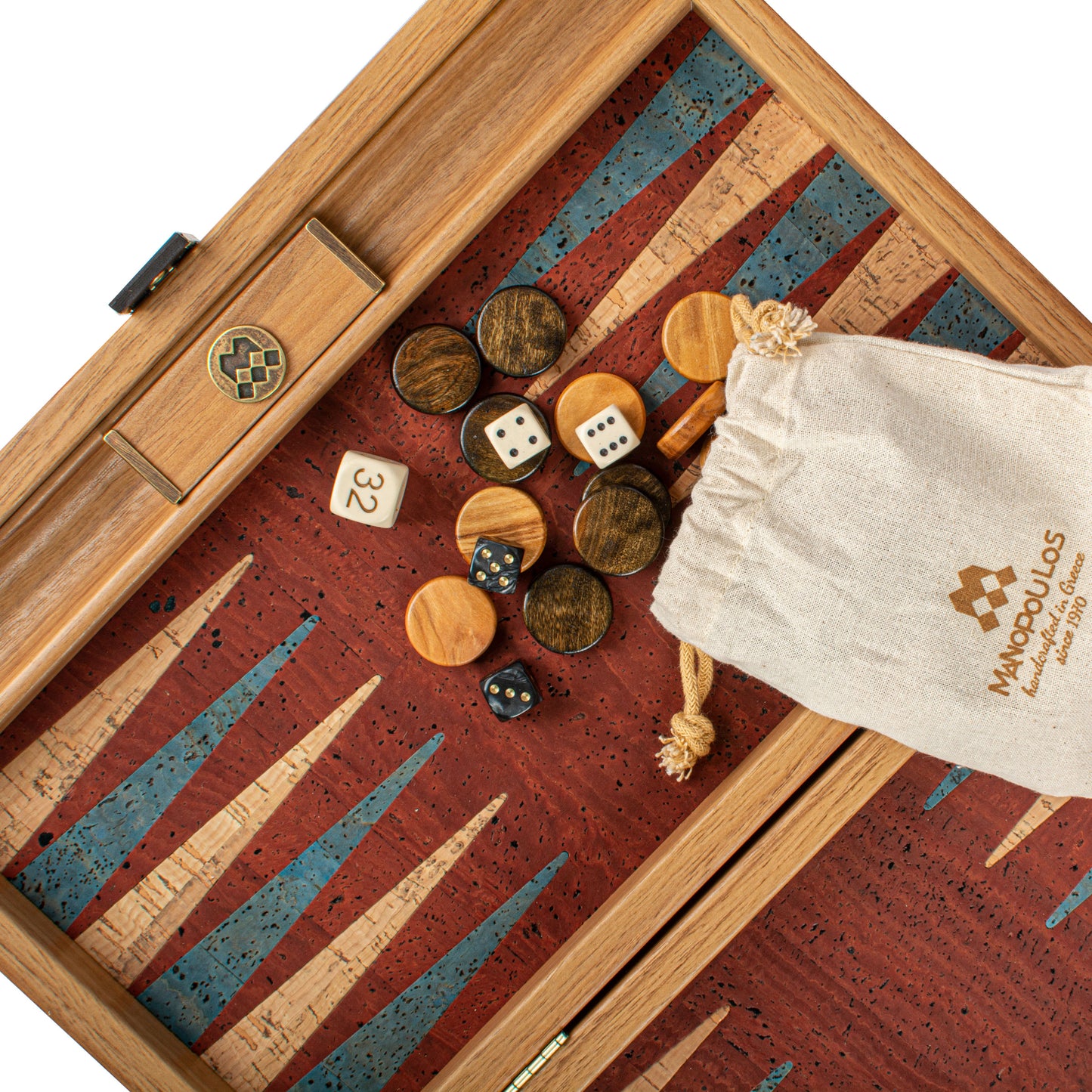 Premium Handcrafted Red Natural Cork Backgammon Set with Oak Wood Checkers