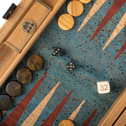Premium Handcrafted Turquoise Natural Cork Backgammon Set with Oak Wood Checkers