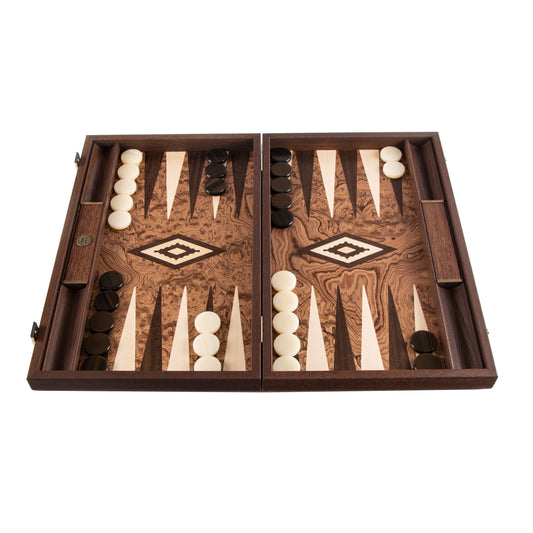 Handcrafted Premium Walnut Burl Backgammon Set with Side Racks - Premium Backgammon from MANOPOULOS Chess & Backgammon - Just €152! Shop now at MANOPOULOS Chess & Backgammon