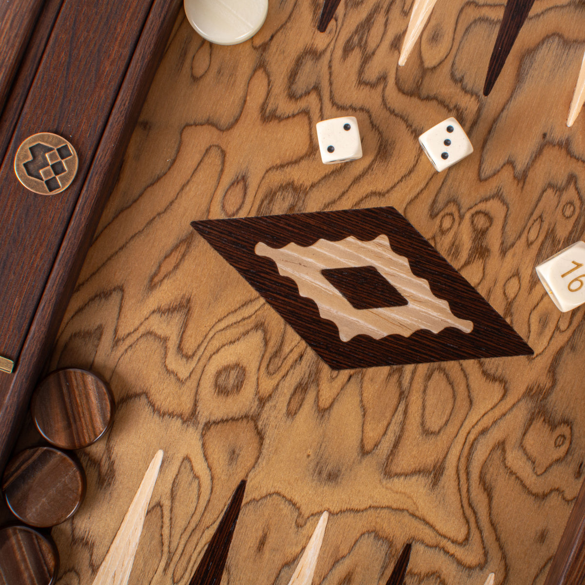 Handcrafted Premium Walnut Burl Backgammon Set with Side Racks