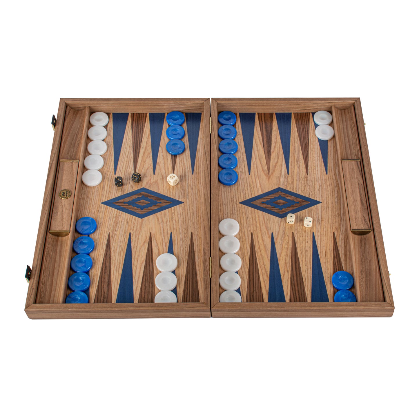 Handcrafted Oak/Blue & American Walnut Backgammon Set with Side Racks - Elegant Marquetry Design (Copy)