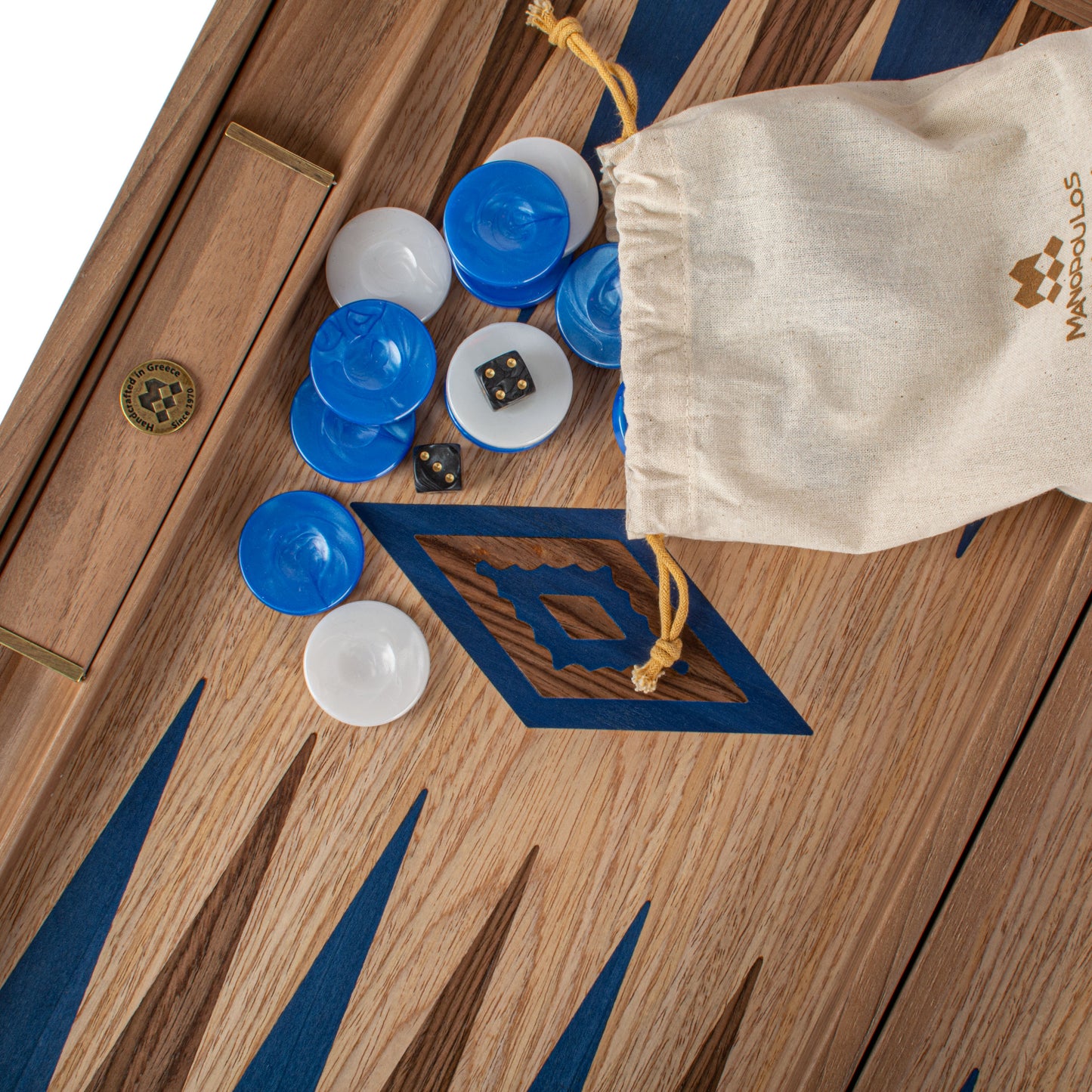 Handcrafted Oak/Blue & American Walnut Backgammon Set with Side Racks - Elegant Marquetry Design (Copy)