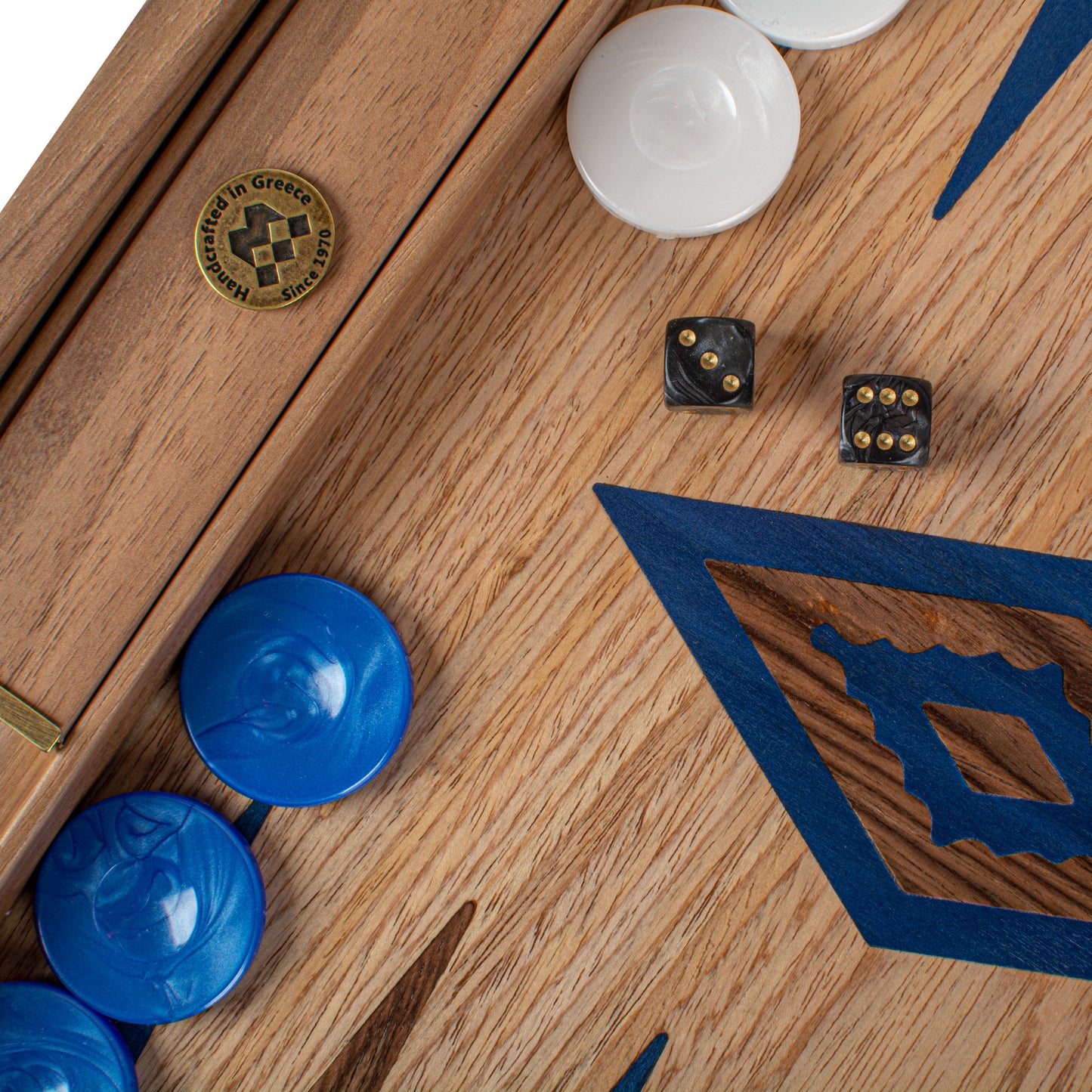 Handcrafted Oak/Blue & American Walnut Backgammon Set with Side Racks - Elegant Marquetry Design (Copy)