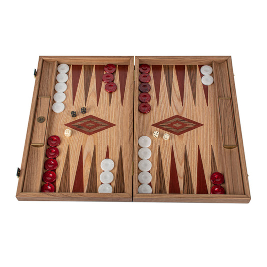 Handcrafted Oak/Dark Red & American Walnut Backgammon Set with Side Racks - Elegant Marquetry Design