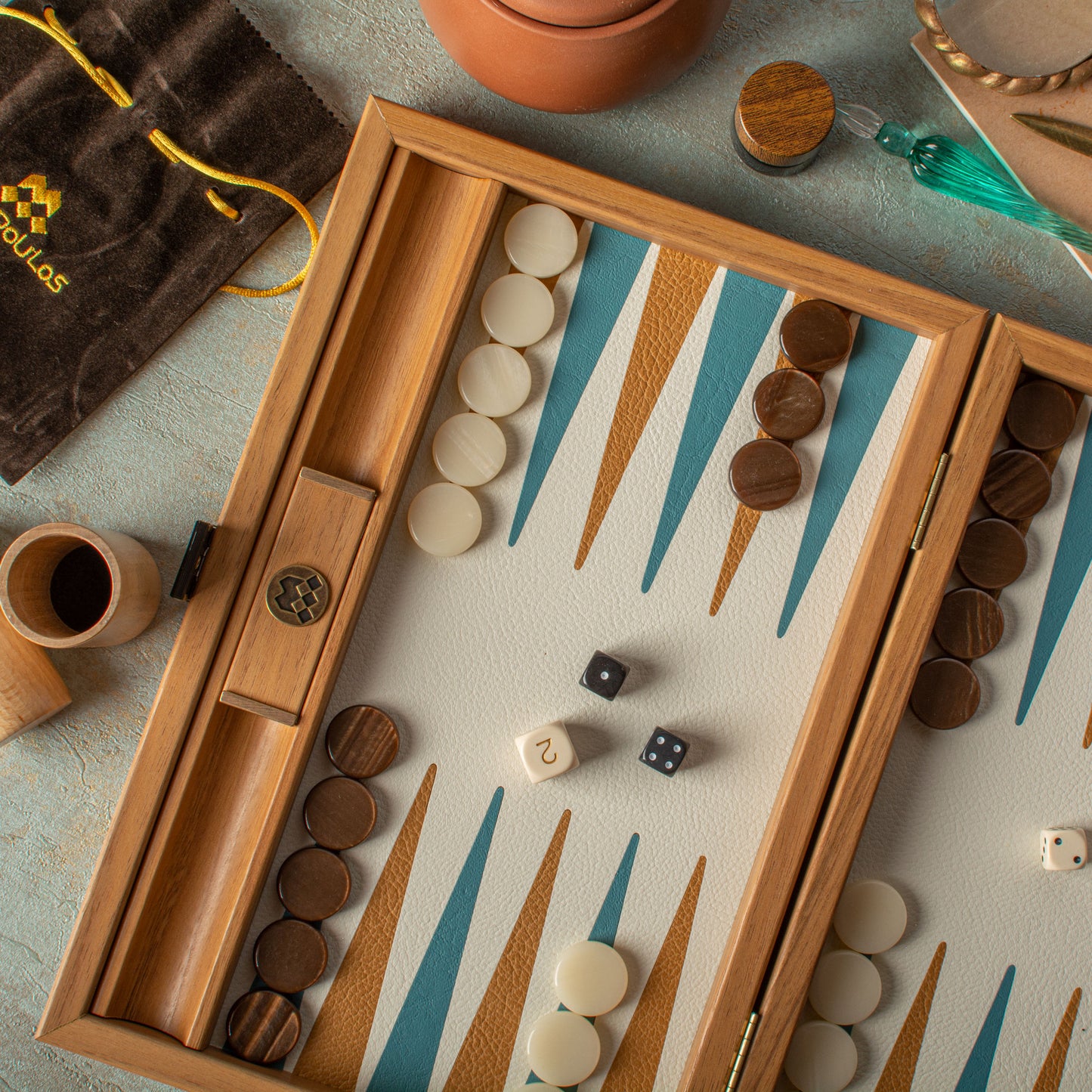 Premium Handcrafted Knitted Leather Backgammon Set in Turquoise colour