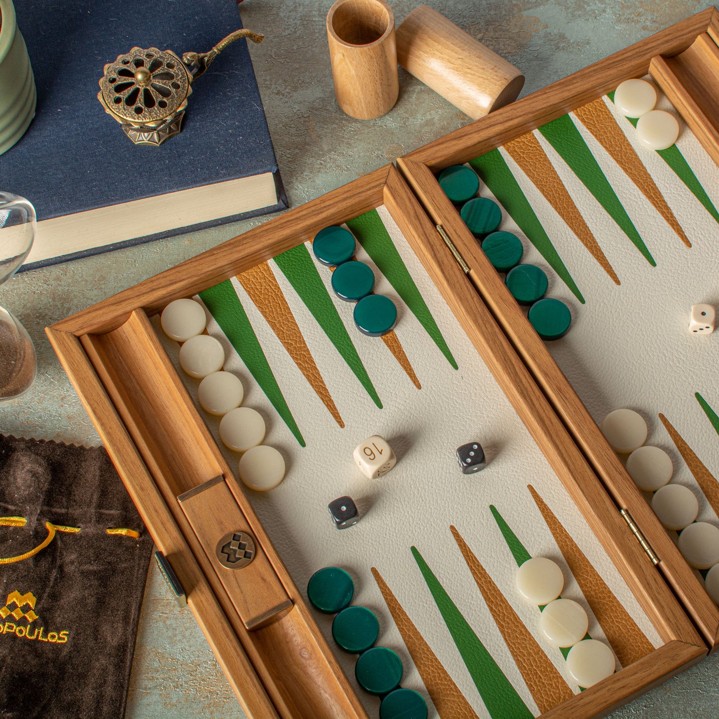 Premium Handcrafted Knitted Leather Backgammon Set in Green colour