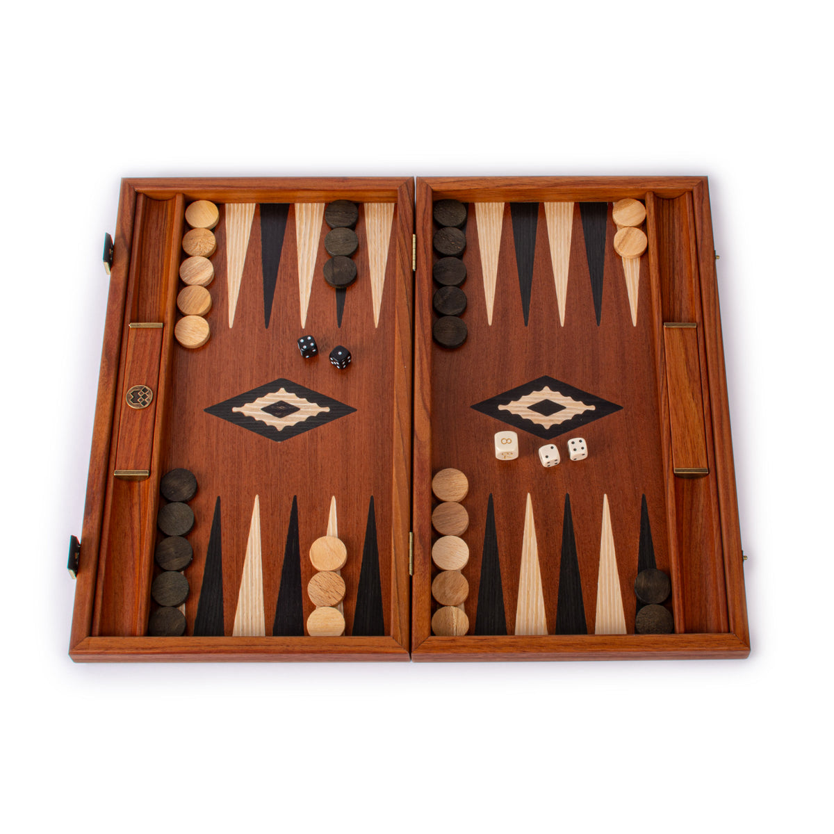 Handcrafted Mahogany Backgammon Set with Side Racks - Elegant Marquetry Design
