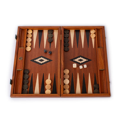 Handcrafted Mahogany Backgammon Set with Side Racks - Elegant Marquetry Design
