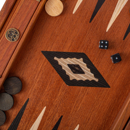 Handcrafted Mahogany Backgammon Set with Side Racks - Elegant Marquetry Design