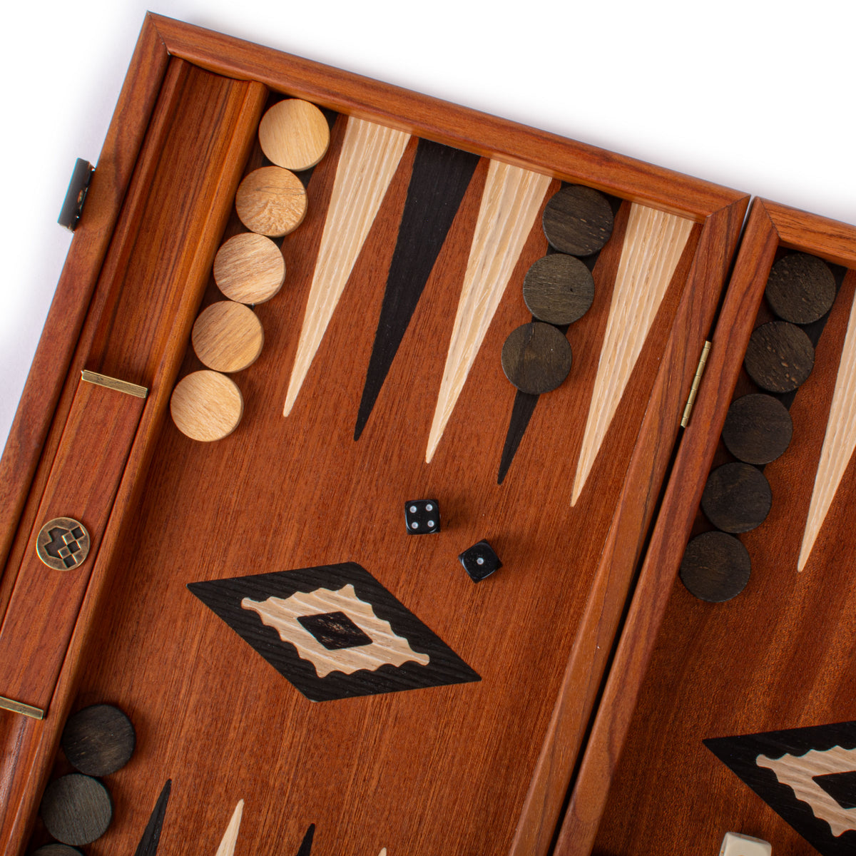 Handcrafted Mahogany Backgammon Set with Side Racks - Elegant Marquetry Design