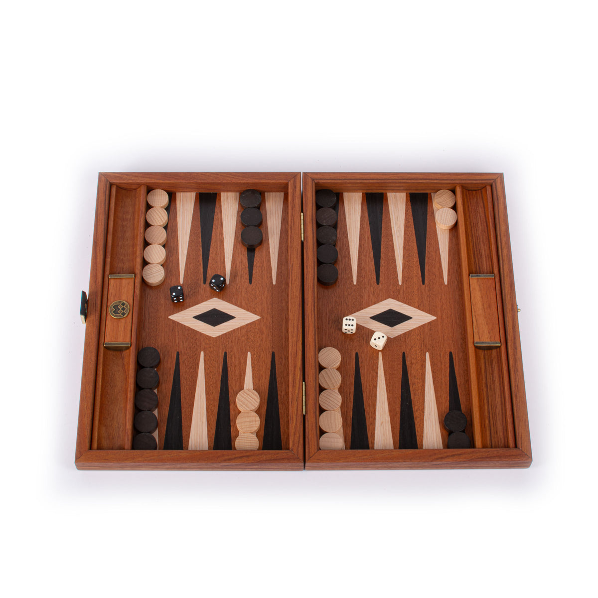 Handcrafted Mahogany Backgammon Set with Side Racks - Elegant Marquetry Design