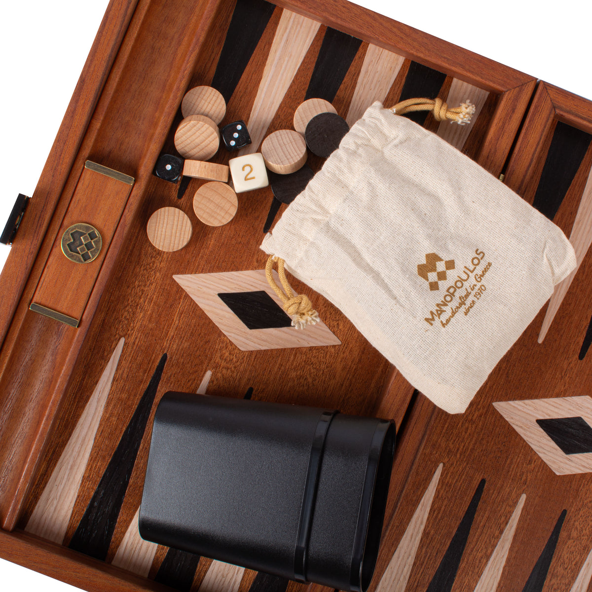 Handcrafted Mahogany Backgammon Set with Side Racks - Elegant Marquetry Design