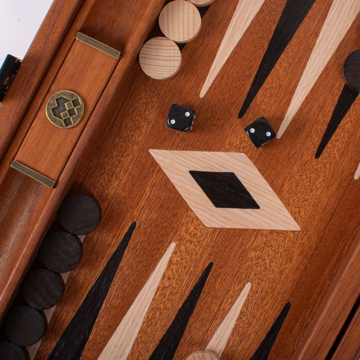 Handcrafted Mahogany Backgammon Set with Side Racks - Elegant Marquetry Design