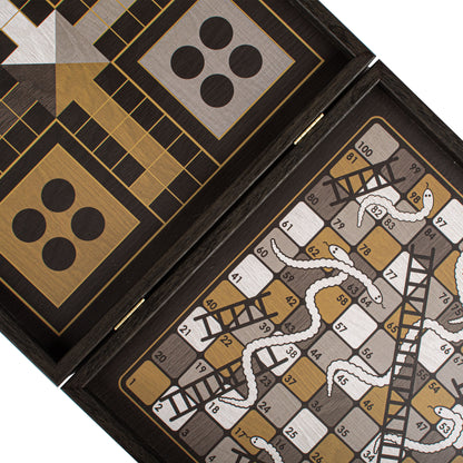 Modern Style 4-in-1 Combo Game Set: Chess, Backgammon, Ludo & Snakes