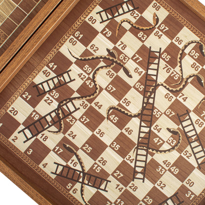 Classic Style 4-in-1 Combo Game Set: Chess, Backgammon, Ludo & Snakes