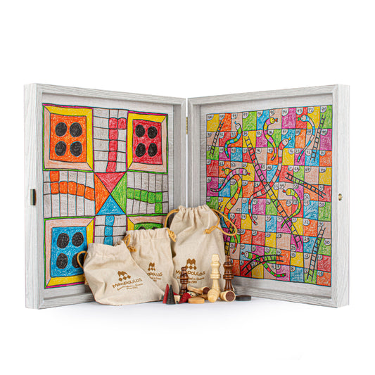 Childrens Freehand Colored Drawing 4-in-1 Combo Game Set: Chess, Backgammon, Ludo & Snakes