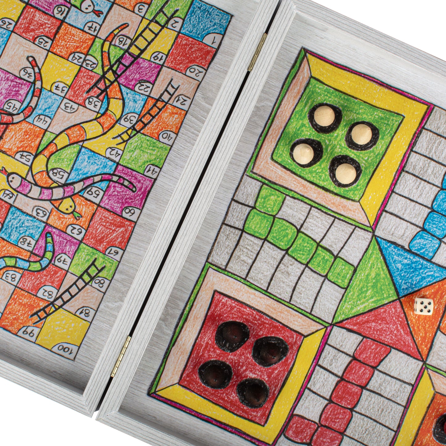 Childrens Freehand Colored Drawing 4-in-1 Combo Game Set: Chess, Backgammon, Ludo & Snakes