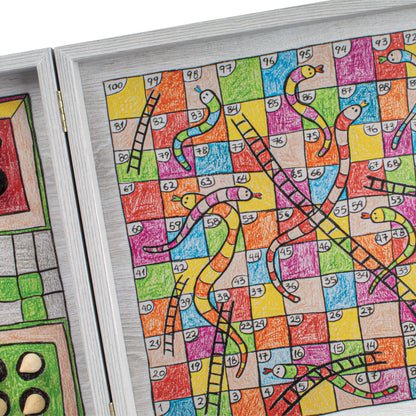 Childrens Freehand Colored Drawing 4-in-1 Combo Game Set: Chess, Backgammon, Ludo & Snakes