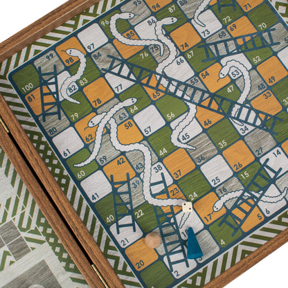 Retro Design 4-in-1 Combo Game Set: Chess, Backgammon, Ludo & Snakes