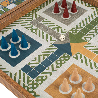 Retro Design 4-in-1 Combo Game Set: Chess, Backgammon, Ludo & Snakes