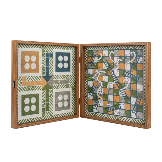 Retro Design 4-in-1 Combo Game Set: Chess, Backgammon, Ludo & Snakes