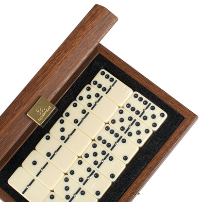 Premium Dominoes Set in Caramel Leatherette with Wooden Case