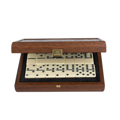 Premium Dominoes Set in Caramel Leatherette with Wooden Case