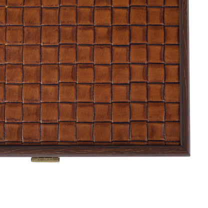 Luxury Domino Set in Brown Knitted Leather with Wooden Case