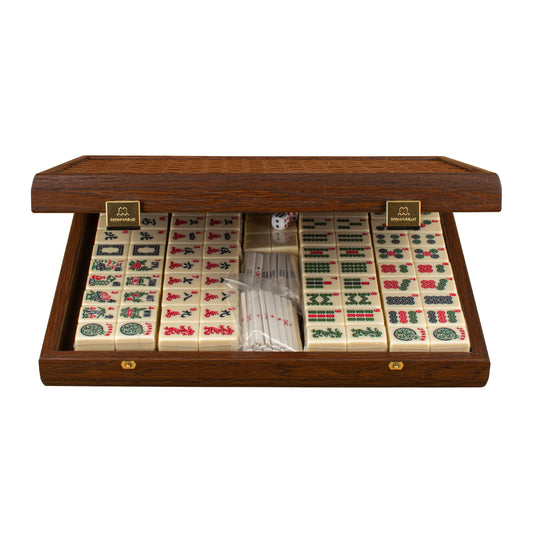 Premium Mahjong Tiles Set in Knitted Leather Wooden Case