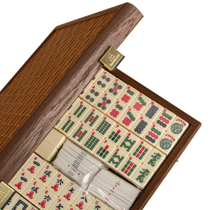 Premium Mahjong Tiles Set in Knitted Leather Wooden Case