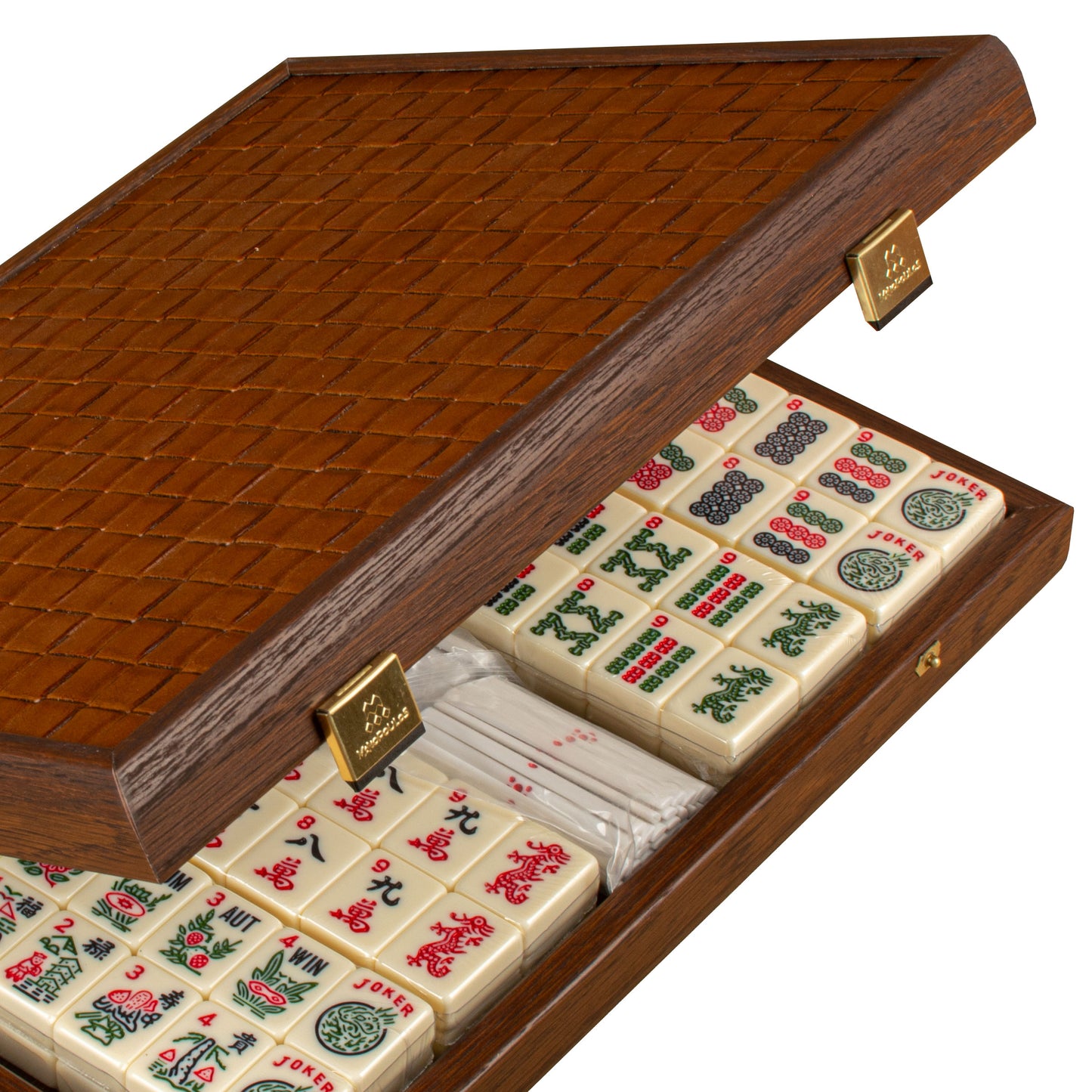 Premium Mahjong Tiles Set in Knitted Leather Wooden Case