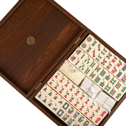 Premium Mahjong Tiles Set in Knitted Leather Wooden Case