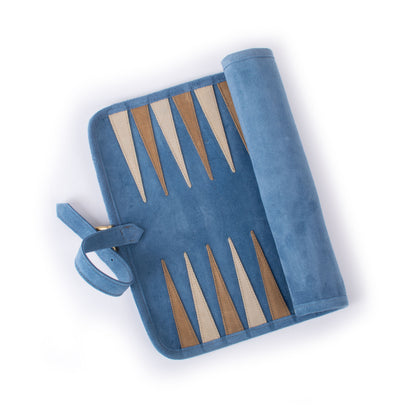 Premium Handcrafted RAF Blue Suede Roll-Up Backgammon Set