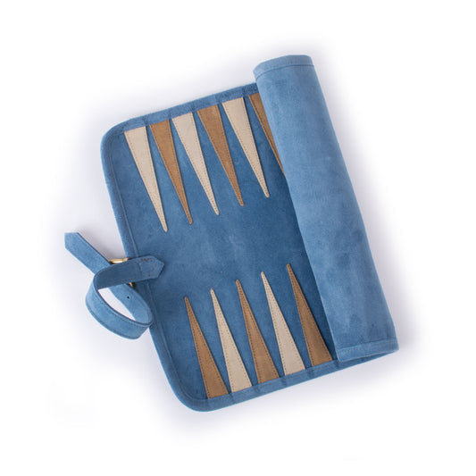 Premium Handcrafted RAF Blue Suede Roll-Up Backgammon Set