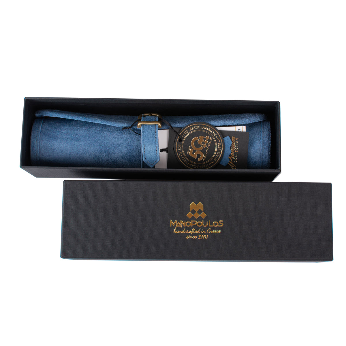 Premium Handcrafted RAF Blue Suede Roll-Up Backgammon Set