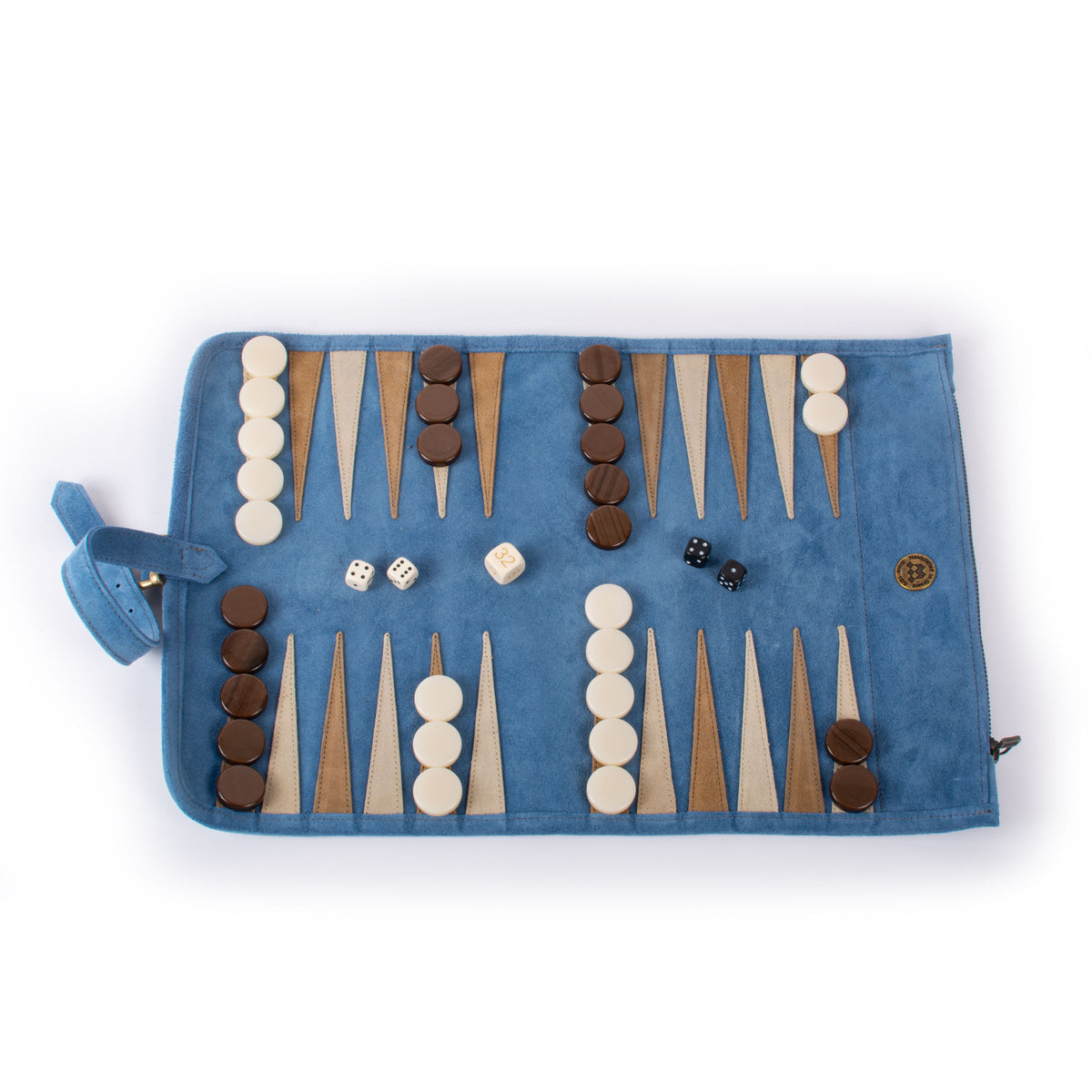 Premium Handcrafted RAF Blue Suede Roll-Up Backgammon Set