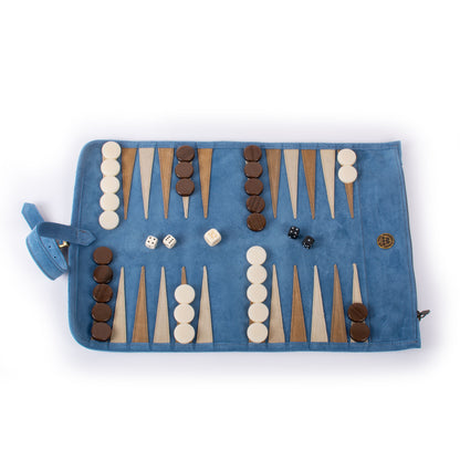 Premium Handcrafted RAF Blue Suede Roll-Up Backgammon Set