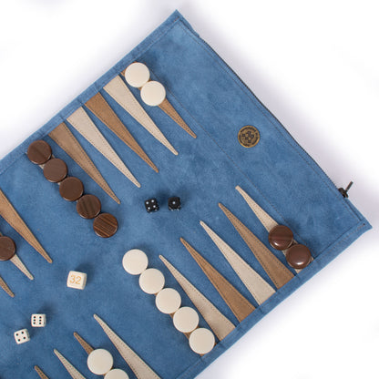 Premium Handcrafted RAF Blue Suede Roll-Up Backgammon Set
