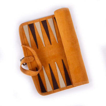 Premium Handcrafted Cinnamon Brown Suede Roll-Up Backgammon Set