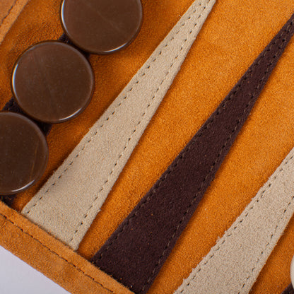 Premium Handcrafted Cinnamon Brown Suede Roll-Up Backgammon Set