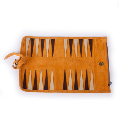 Premium Handcrafted Cinnamon Brown Suede Roll-Up Backgammon Set