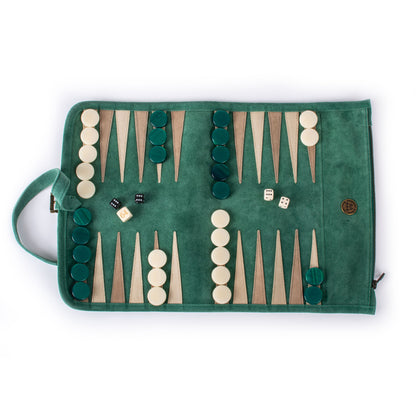 Premium Handcrafted Forest Green Suede Roll-Up Backgammon Set