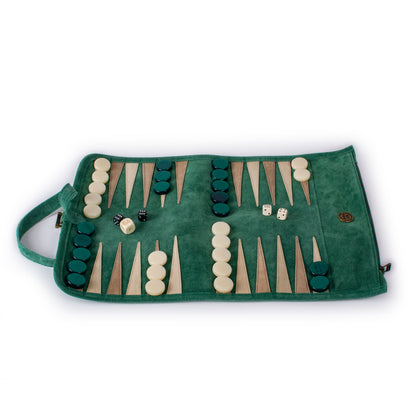 Premium Handcrafted Forest Green Suede Roll-Up Backgammon Set