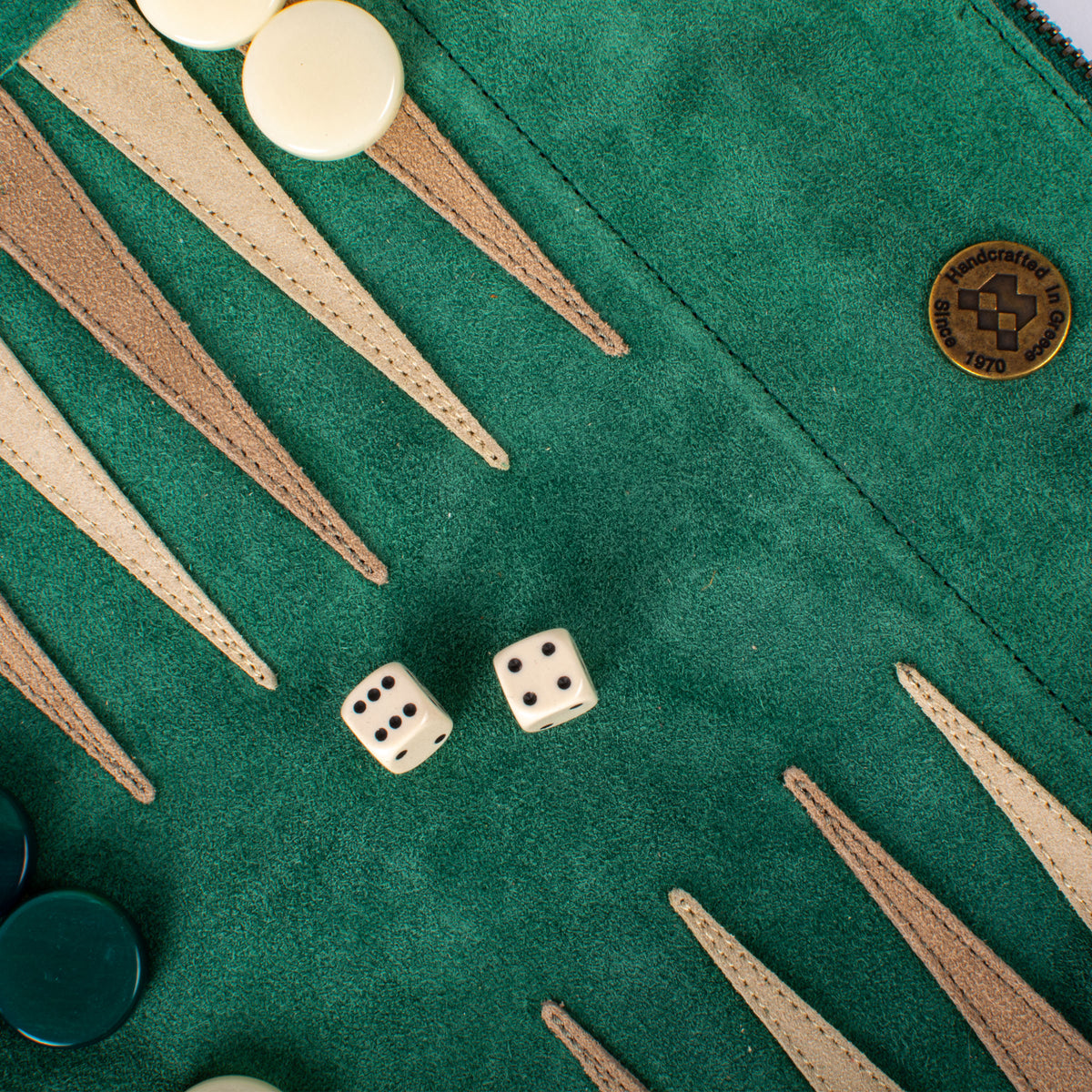 Premium Handcrafted Forest Green Suede Roll-Up Backgammon Set